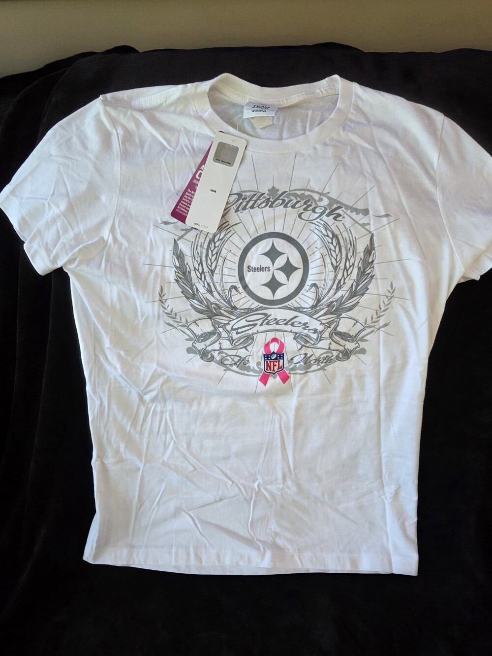 NFL Pittsburgh Steelers White Short Sleeve Tee with Pink Awareness Ribbon